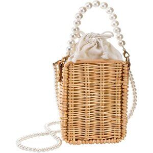 Vintage Wicker Pearl Basket Purse for Women - Handcrafted Straw Beach Bag with P